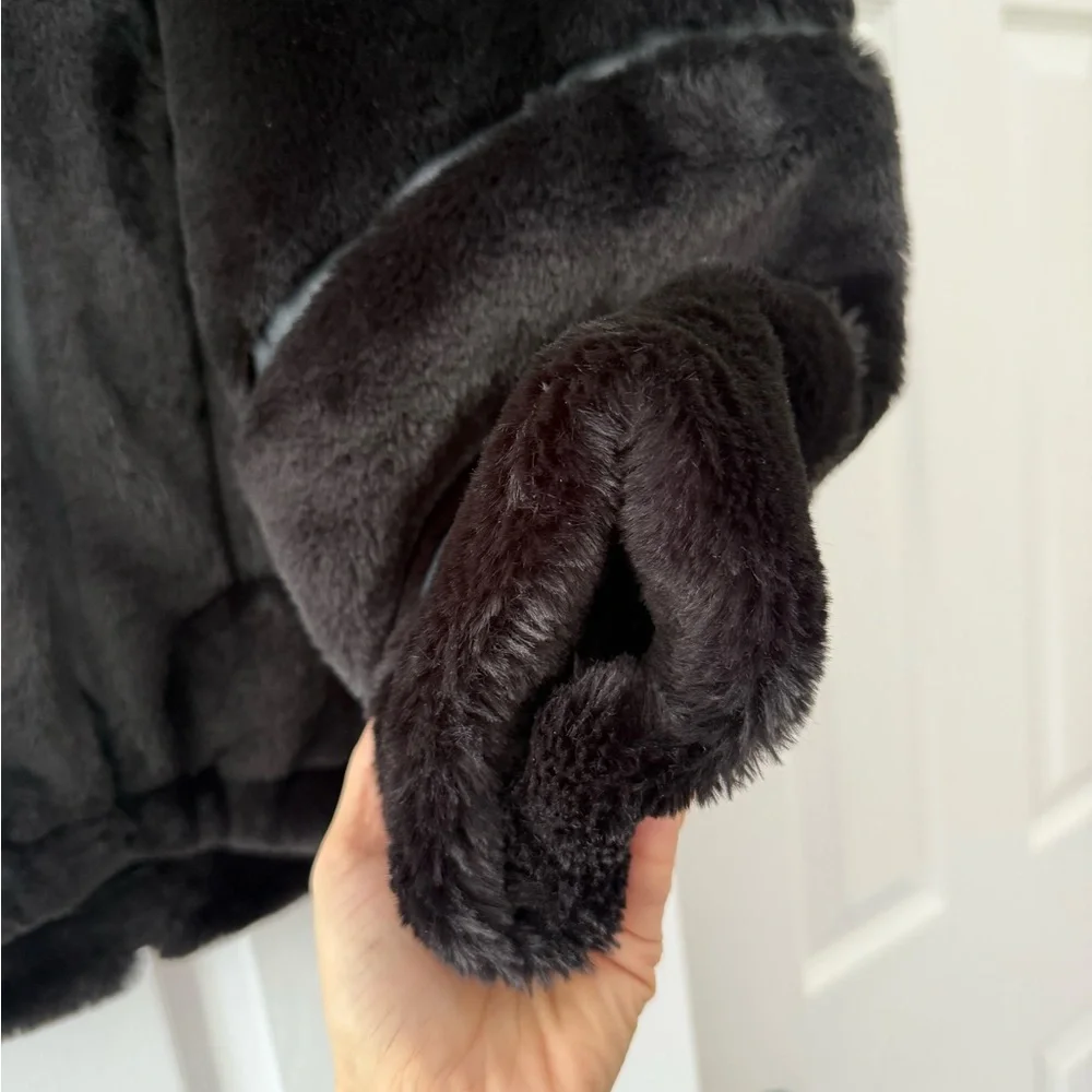 ALO Yoga Knock Out Faux Fur and Leather Hooded Oversized Jacket Coat Black